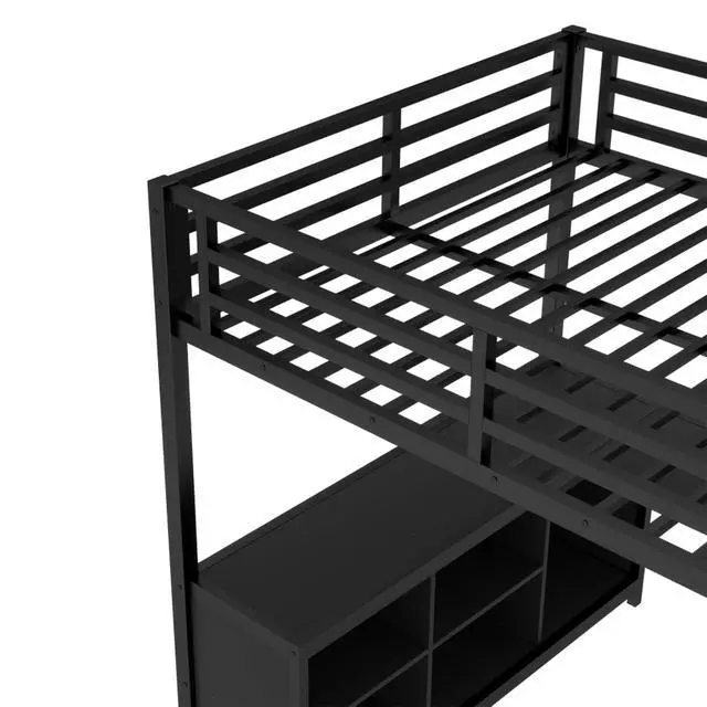 Alt view image 6 of 7 - Twin/Queen/Full Size Metal Loft Bed with Ladder, Full Length Guardrails and L-shaped Desk, Dorm Bed with Storage Shelves, Corner Beds for Teens Adults Bedroom Small Spaces Apartment (Black Full)