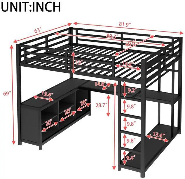 Alt view image 2 of 7 - Twin/Queen/Full Size Metal Loft Bed with Ladder, Full Length Guardrails and L-shaped Desk, Dorm Bed with Storage Shelves, Corner Beds for Teens Adults Bedroom Small Spaces Apartment (Black Queen)