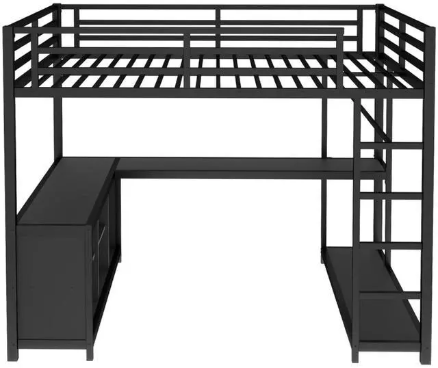 Alt view image 5 of 7 - Twin/Queen/Full Size Metal Loft Bed with Ladder, Full Length Guardrails and L-shaped Desk, Dorm Bed with Storage Shelves, Corner Beds for Teens Adults Bedroom Small Spaces Apartment (Black Queen)