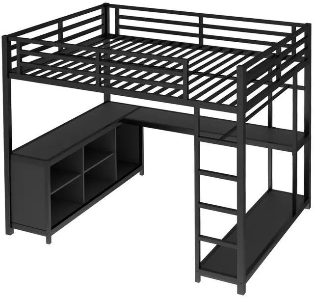 Alt view image 4 of 7 - Twin/Queen/Full Size Metal Loft Bed with Ladder, Full Length Guardrails and L-shaped Desk, Dorm Bed with Storage Shelves, Corner Beds for Teens Adults Bedroom Small Spaces Apartment (Black Queen)
