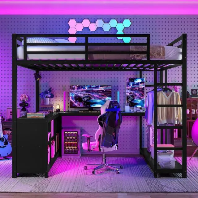Alt view image 3 of 7 - Twin/Queen/Full Size Metal Loft Bed with Ladder, Full Length Guardrails and L-shaped Desk, Dorm Bed with Storage Shelves, Corner Beds for Teens Adults Bedroom Small Spaces Apartment (Black Queen)