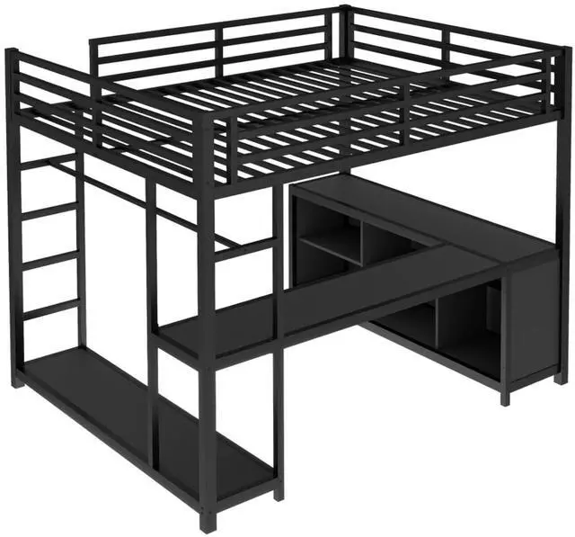 Alt view image 7 of 7 - Twin/Queen/Full Size Metal Loft Bed with Ladder, Full Length Guardrails and L-shaped Desk, Dorm Bed with Storage Shelves, Corner Beds for Teens Adults Bedroom Small Spaces Apartment (Black Queen)