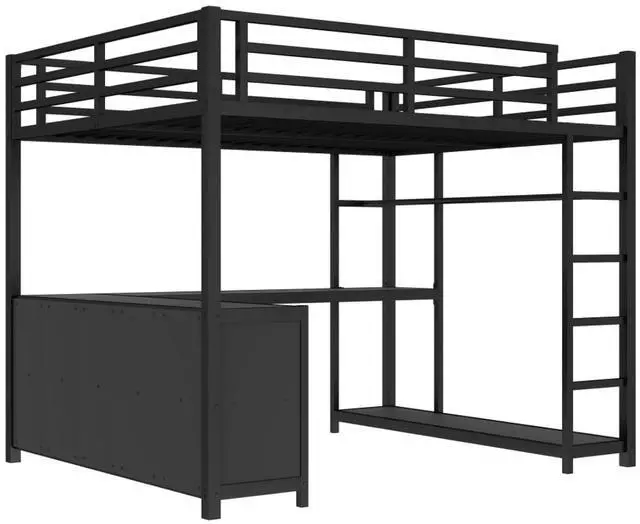 Alt view image 6 of 7 - Twin/Queen/Full Size Metal Loft Bed with Ladder, Full Length Guardrails and L-shaped Desk, Dorm Bed with Storage Shelves, Corner Beds for Teens Adults Bedroom Small Spaces Apartment (Black Queen)