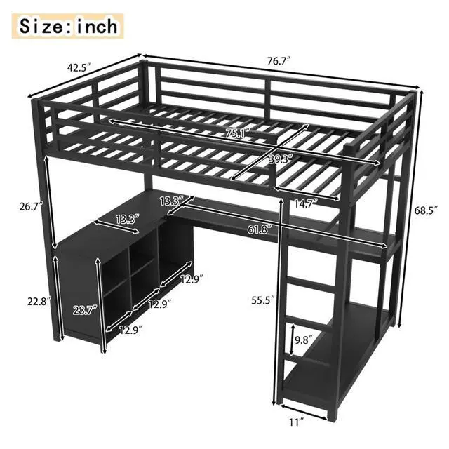 Alt view image 2 of 7 - Twin/Queen/Full Size Metal Loft Bed with Ladder, Full Length Guardrails and L-shaped Desk, Dorm Bed with Storage Shelves, Corner Beds for Teens Adults Bedroom Small Spaces Apartment (Black Twin)