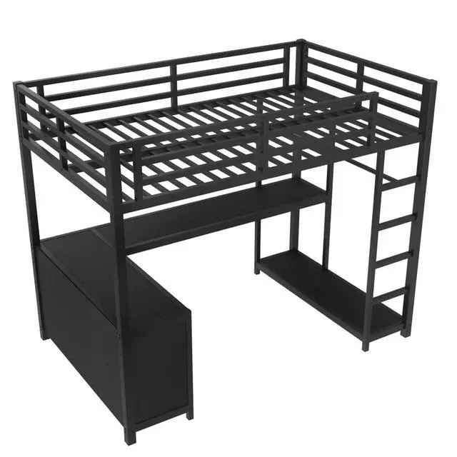 Alt view image 5 of 7 - Twin/Queen/Full Size Metal Loft Bed with Ladder, Full Length Guardrails and L-shaped Desk, Dorm Bed with Storage Shelves, Corner Beds for Teens Adults Bedroom Small Spaces Apartment (Black Twin)