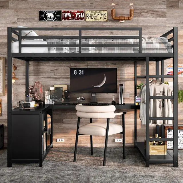 Alt view image 3 of 7 - Twin/Queen/Full Size Metal Loft Bed with Ladder, Full Length Guardrails and L-shaped Desk, Dorm Bed with Storage Shelves, Corner Beds for Teens Adults Bedroom Small Spaces Apartment (Black Twin)