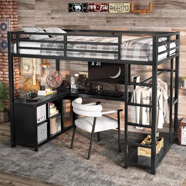 Alt view image 4 of 7 - Twin/Queen/Full Size Metal Loft Bed with Ladder, Full Length Guardrails and L-shaped Desk, Dorm Bed with Storage Shelves, Corner Beds for Teens Adults Bedroom Small Spaces Apartment (Black Twin)