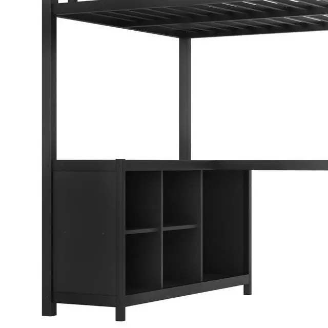 Alt view image 7 of 7 - Twin/Queen/Full Size Metal Loft Bed with Ladder, Full Length Guardrails and L-shaped Desk, Dorm Bed with Storage Shelves, Corner Beds for Teens Adults Bedroom Small Spaces Apartment (Black Twin)
