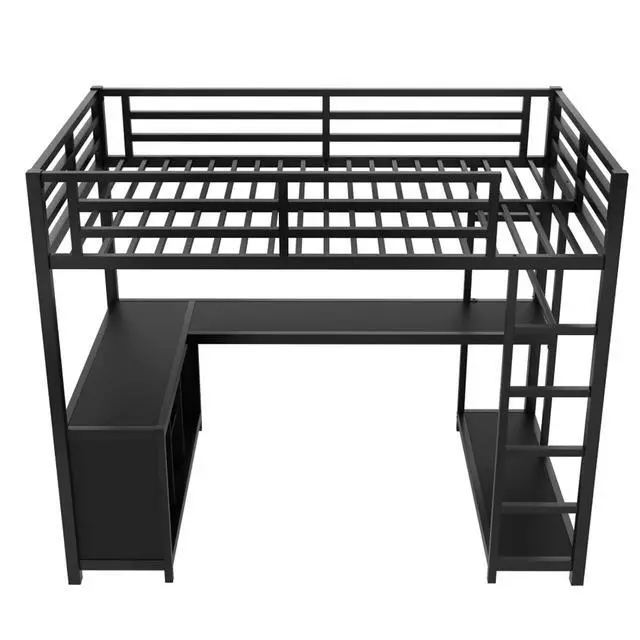 Alt view image 6 of 7 - Twin/Queen/Full Size Metal Loft Bed with Ladder, Full Length Guardrails and L-shaped Desk, Dorm Bed with Storage Shelves, Corner Beds for Teens Adults Bedroom Small Spaces Apartment (Black Twin)