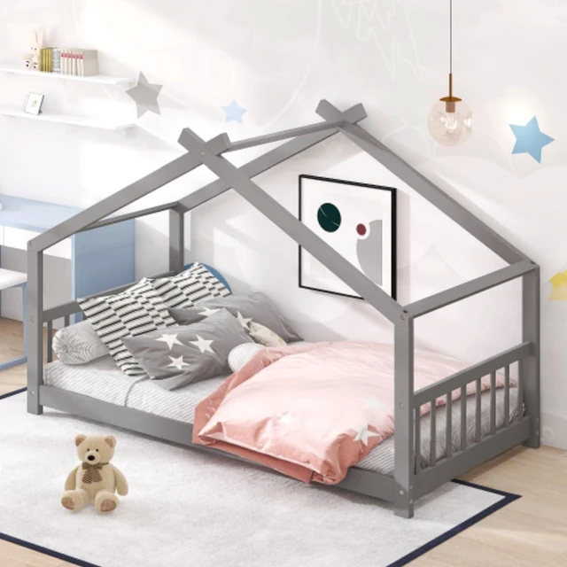 Main image of Twin Size Solid Wood House Bed Low Floor Beds w/Roof &Slatted Guardrails for Boys Girls, Creative Montessori Bed Canopy Bedframe w/Wooden Slats Support for Bedroom Dormitory, Can Decorate with Ribbons