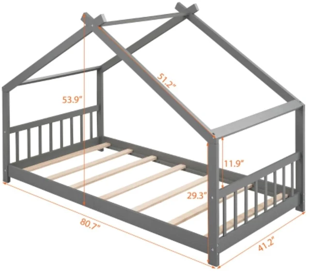 Alt view image 2 of 6 - Twin Size Solid Wood House Bed Low Floor Beds w/Roof &Slatted Guardrails for Boys Girls, Creative Montessori Bed Canopy Bedframe w/Wooden Slats Support for Bedroom Dormitory, Can Decorate with Ribbons