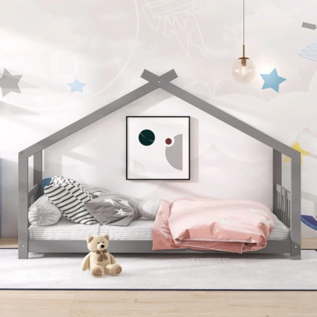 Alt view image 3 of 6 - Twin Size Solid Wood House Bed Low Floor Beds w/Roof &Slatted Guardrails for Boys Girls, Creative Montessori Bed Canopy Bedframe w/Wooden Slats Support for Bedroom Dormitory, Can Decorate with Ribbons