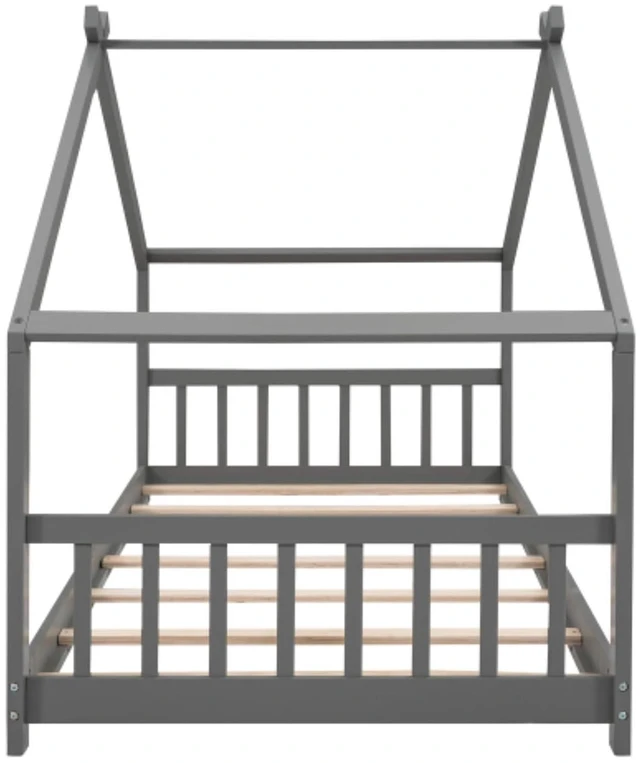 Alt view image 4 of 6 - Twin Size Solid Wood House Bed Low Floor Beds w/Roof &Slatted Guardrails for Boys Girls, Creative Montessori Bed Canopy Bedframe w/Wooden Slats Support for Bedroom Dormitory, Can Decorate with Ribbons