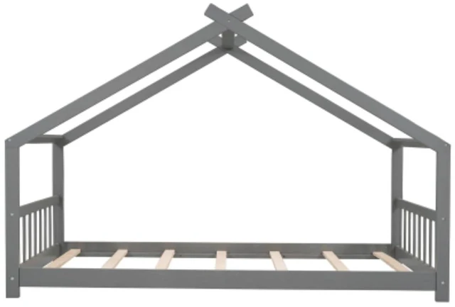 Alt view image 5 of 6 - Twin Size Solid Wood House Bed Low Floor Beds w/Roof &Slatted Guardrails for Boys Girls, Creative Montessori Bed Canopy Bedframe w/Wooden Slats Support for Bedroom Dormitory, Can Decorate with Ribbons