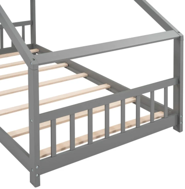 Alt view image 6 of 6 - Twin Size Solid Wood House Bed Low Floor Beds w/Roof &Slatted Guardrails for Boys Girls, Creative Montessori Bed Canopy Bedframe w/Wooden Slats Support for Bedroom Dormitory, Can Decorate with Ribbons