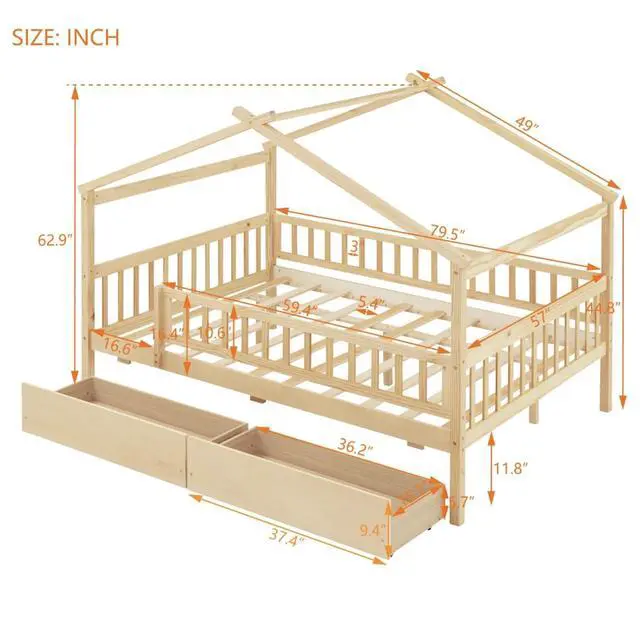 Alt view image 2 of 7 - Full Wood House Bed Creative Tent Bed w/Roof,4-Sided Guardrails&Wooden Slats Support for Teen,Multi-function Montessori Bedframe w/2 Under-bed Storage Drawer for Bedroom Guestroom,No Box Spring Needed