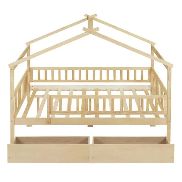 Alt view image 4 of 7 - Full Wood House Bed Creative Tent Bed w/Roof,4-Sided Guardrails&Wooden Slats Support for Teen,Multi-function Montessori Bedframe w/2 Under-bed Storage Drawer for Bedroom Guestroom,No Box Spring Needed