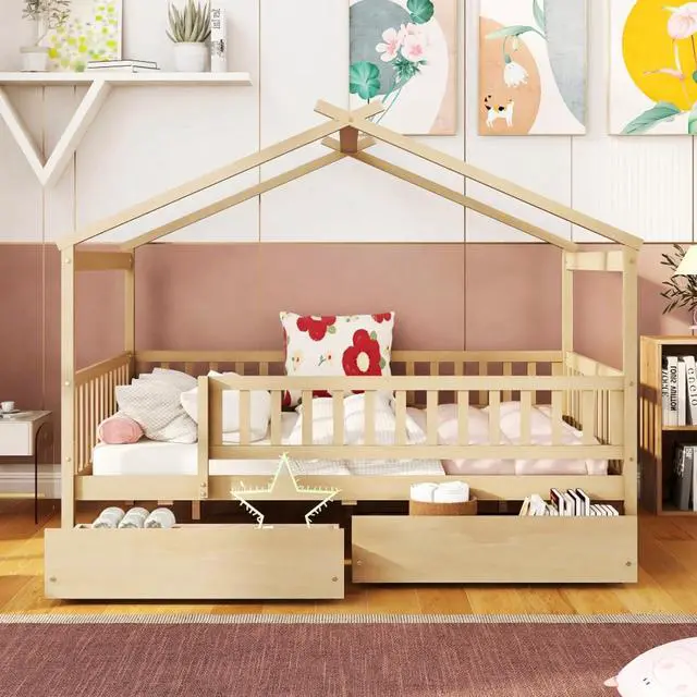 Alt view image 3 of 7 - Full Wood House Bed Creative Tent Bed w/Roof,4-Sided Guardrails&Wooden Slats Support for Teen,Multi-function Montessori Bedframe w/2 Under-bed Storage Drawer for Bedroom Guestroom,No Box Spring Needed