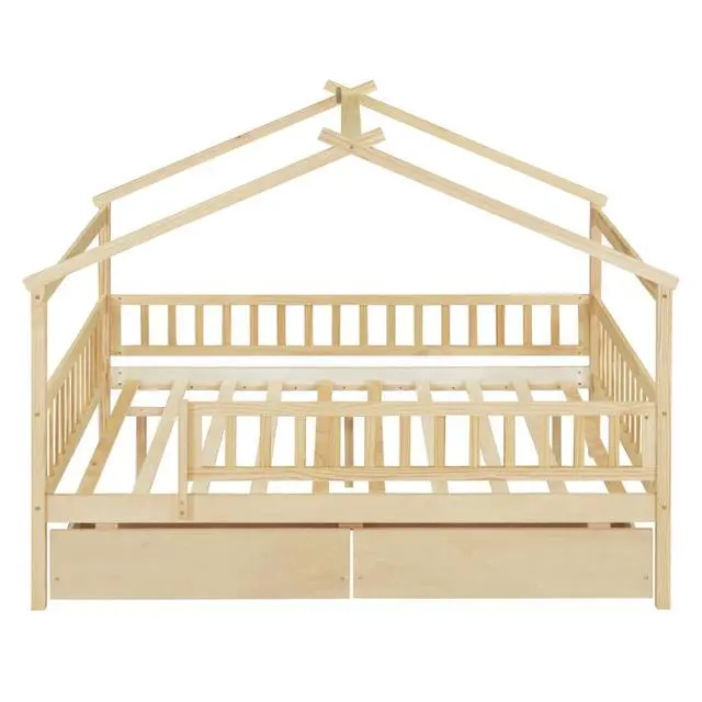 Alt view image 6 of 7 - Full Wood House Bed Creative Tent Bed w/Roof,4-Sided Guardrails&Wooden Slats Support for Teen,Multi-function Montessori Bedframe w/2 Under-bed Storage Drawer for Bedroom Guestroom,No Box Spring Needed