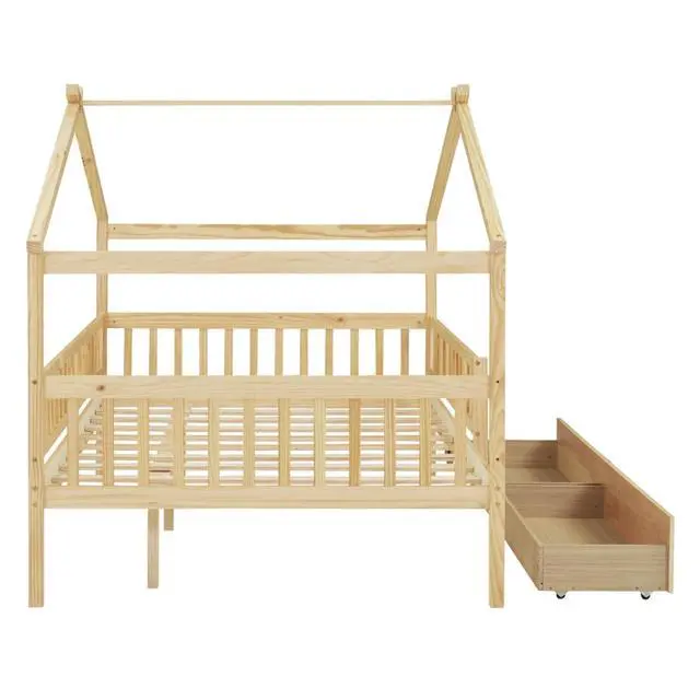 Alt view image 7 of 7 - Full Wood House Bed Creative Tent Bed w/Roof,4-Sided Guardrails&Wooden Slats Support for Teen,Multi-function Montessori Bedframe w/2 Under-bed Storage Drawer for Bedroom Guestroom,No Box Spring Needed