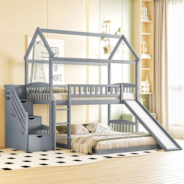 Main image of Hassyee Twin Over Full Bunk Bed with Roof, Slide and Storage Staircase, House-Shaped Loft Bed with Safety Guardrail for Boys Girls Bedroom Guest Playroom, No Box Spring Needed (Gray Twin Over Full)