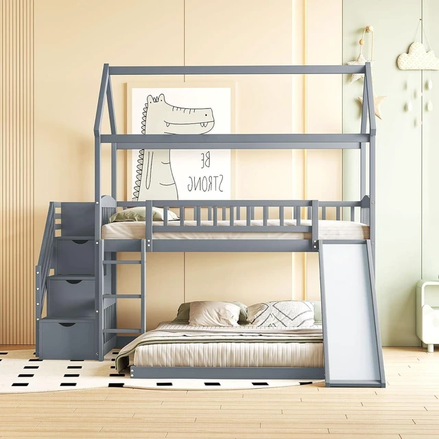 Alt view image 3 of 7 - Hassyee Twin Over Full Bunk Bed with Roof, Slide and Storage Staircase, House-Shaped Loft Bed with Safety Guardrail for Boys Girls Bedroom Guest Playroom, No Box Spring Needed (Gray Twin Over Full)