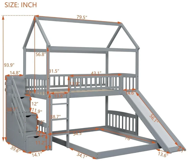 Alt view image 2 of 7 - Hassyee Twin Over Full Bunk Bed with Roof, Slide and Storage Staircase, House-Shaped Loft Bed with Safety Guardrail for Boys Girls Bedroom Guest Playroom, No Box Spring Needed (Gray Twin Over Full)