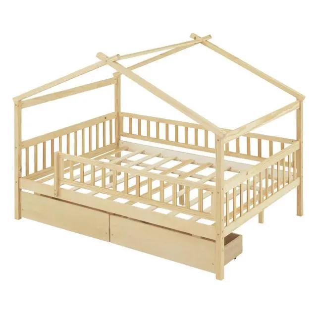 Alt view image 5 of 7 - Full Wood House Bed Creative Tent Bed w/Roof,4-Sided Guardrails&Wooden Slats Support for Teen,Multi-function Montessori Bedframe w/2 Under-bed Storage Drawer for Bedroom Guestroom,No Box Spring Needed