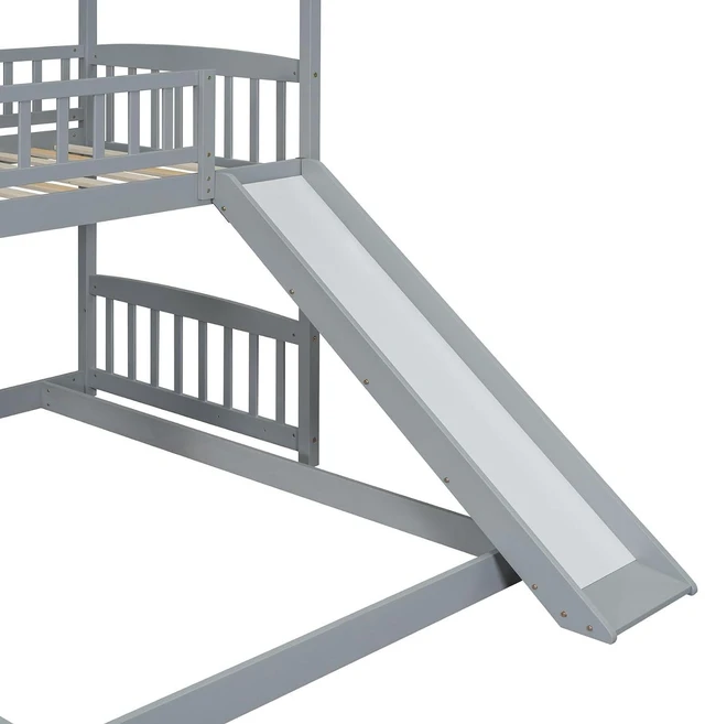 Alt view image 4 of 7 - Hassyee Twin Over Full Bunk Bed with Roof, Slide and Storage Staircase, House-Shaped Loft Bed with Safety Guardrail for Boys Girls Bedroom Guest Playroom, No Box Spring Needed (Gray Twin Over Full)