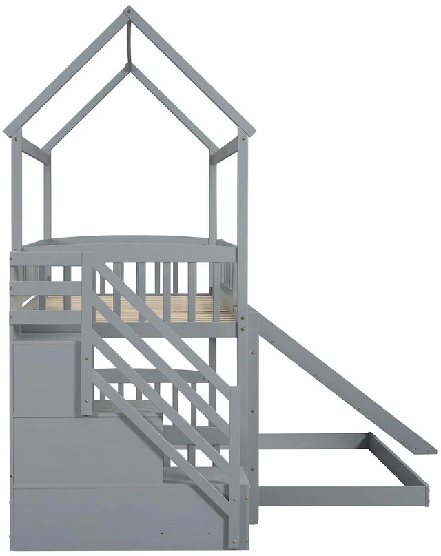 Alt view image 5 of 7 - Hassyee Twin Over Full Bunk Bed with Roof, Slide and Storage Staircase, House-Shaped Loft Bed with Safety Guardrail for Boys Girls Bedroom Guest Playroom, No Box Spring Needed (Gray Twin Over Full)