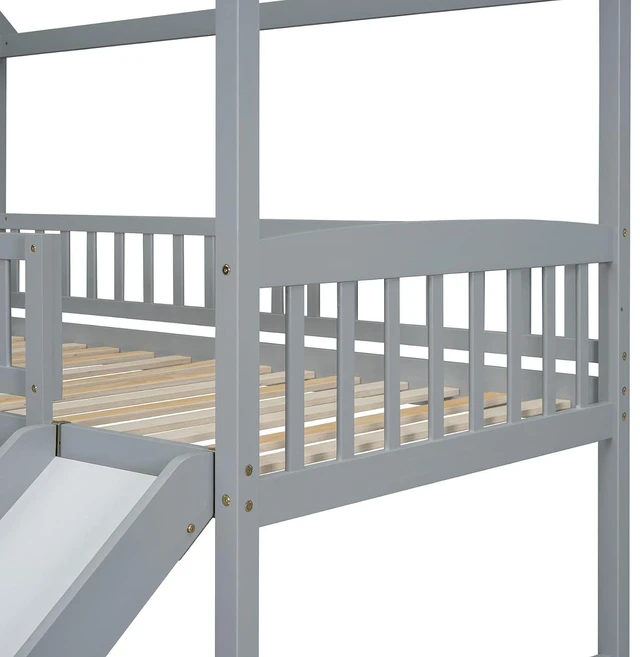Alt view image 6 of 7 - Hassyee Twin Over Full Bunk Bed with Roof, Slide and Storage Staircase, House-Shaped Loft Bed with Safety Guardrail for Boys Girls Bedroom Guest Playroom, No Box Spring Needed (Gray Twin Over Full)