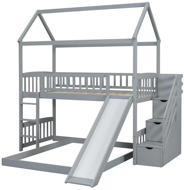 Alt view image 7 of 7 - Hassyee Twin Over Full Bunk Bed with Roof, Slide and Storage Staircase, House-Shaped Loft Bed with Safety Guardrail for Boys Girls Bedroom Guest Playroom, No Box Spring Needed (Gray Twin Over Full)