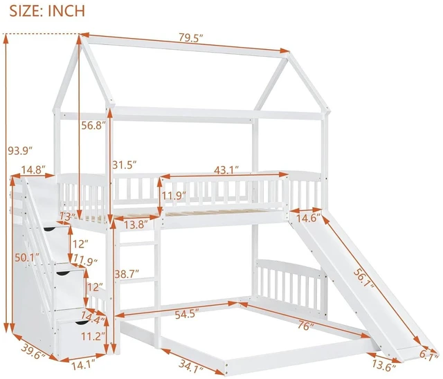 Alt view image 2 of 7 - Hassyee Twin Over Full Bunk Bed with Roof, Slide and Storage Staircase, House-Shaped Loft Bed with Safety Guardrail for Boys Girls Bedroom Guest Playroom, No Box Spring Needed (White Twin Over Full)