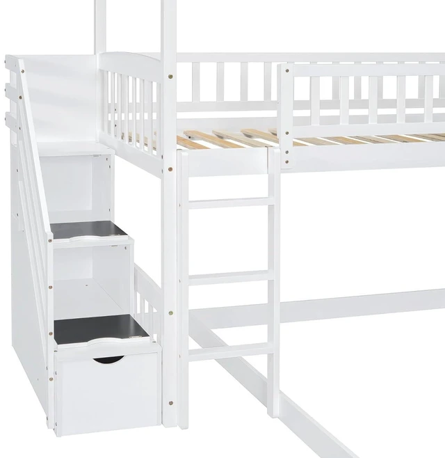 Alt view image 4 of 7 - Hassyee Twin Over Full Bunk Bed with Roof, Slide and Storage Staircase, House-Shaped Loft Bed with Safety Guardrail for Boys Girls Bedroom Guest Playroom, No Box Spring Needed (White Twin Over Full)