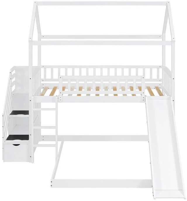 Alt view image 5 of 7 - Hassyee Twin Over Full Bunk Bed with Roof, Slide and Storage Staircase, House-Shaped Loft Bed with Safety Guardrail for Boys Girls Bedroom Guest Playroom, No Box Spring Needed (White Twin Over Full)