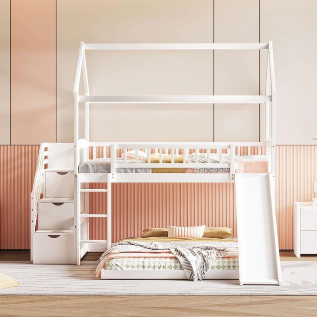 Alt view image 3 of 7 - Hassyee Twin Over Full Bunk Bed with Roof, Slide and Storage Staircase, House-Shaped Loft Bed with Safety Guardrail for Boys Girls Bedroom Guest Playroom, No Box Spring Needed (White Twin Over Full)