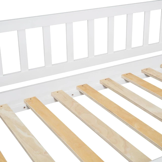 Alt view image 6 of 7 - Hassyee Twin Over Full Bunk Bed with Roof, Slide and Storage Staircase, House-Shaped Loft Bed with Safety Guardrail for Boys Girls Bedroom Guest Playroom, No Box Spring Needed (White Twin Over Full)