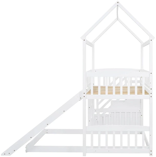 Alt view image 7 of 7 - Hassyee Twin Over Full Bunk Bed with Roof, Slide and Storage Staircase, House-Shaped Loft Bed with Safety Guardrail for Boys Girls Bedroom Guest Playroom, No Box Spring Needed (White Twin Over Full)