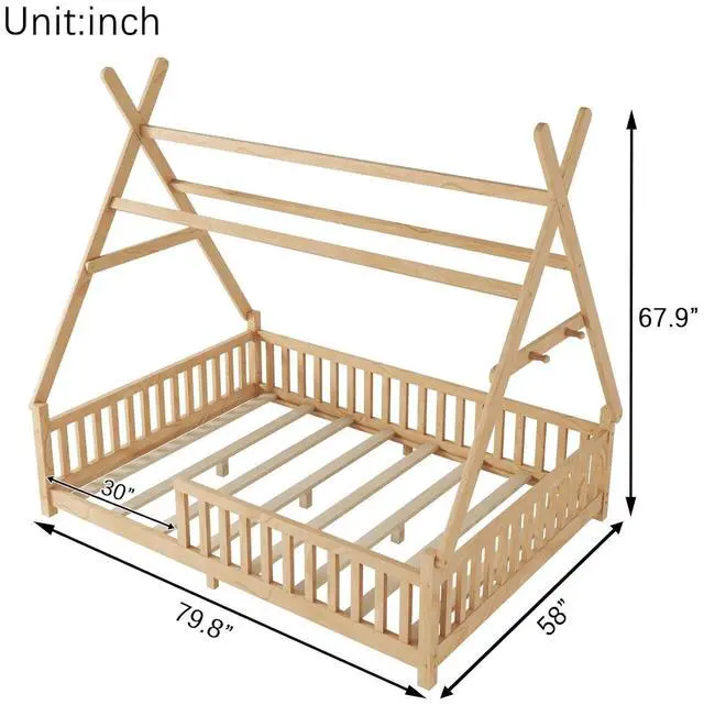 Alt view image 2 of 7 - Hassyee Twin/Full Size House Floor Bed with Roof Design and LED Light, Montessori Bed with Fence Guardrail and Slats Support for Boys Girls Bedroom Guest Playroom, No Box Spring Needed (Natural Full)
