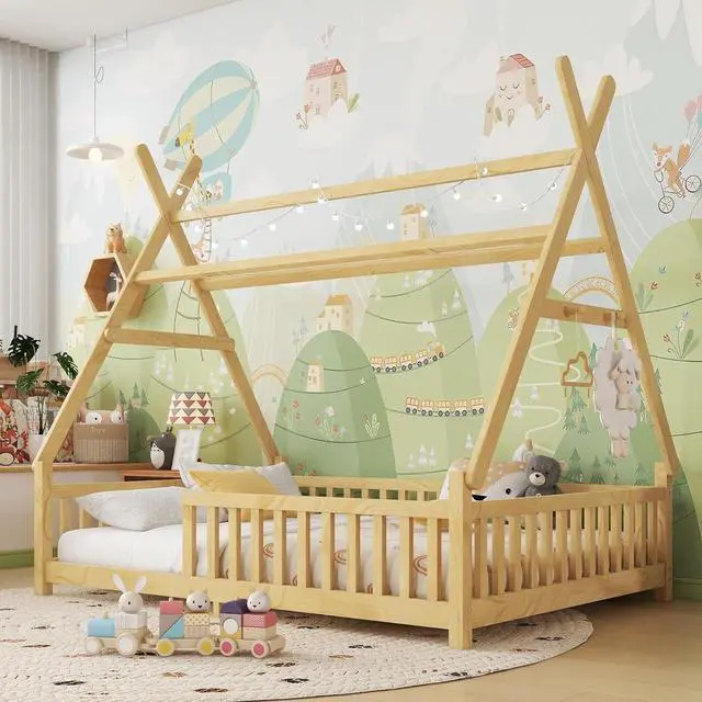 Main image of Hassyee Twin/Full Size House Floor Bed with Roof Design and LED Light, Montessori Bed with Fence Guardrail and Slats Support for Boys Girls Bedroom Guest Playroom, No Box Spring Needed (Natural Full)