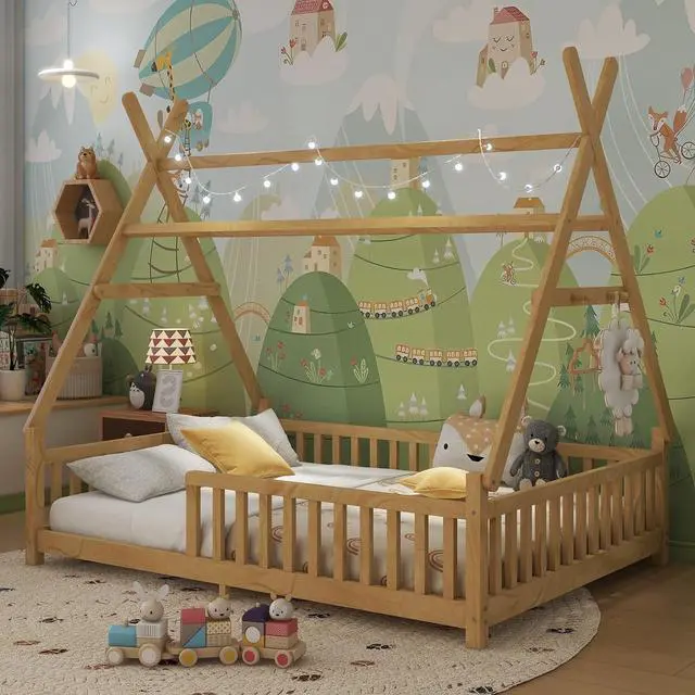 Alt view image 4 of 7 - Hassyee Twin/Full Size House Floor Bed with Roof Design and LED Light, Montessori Bed with Fence Guardrail and Slats Support for Boys Girls Bedroom Guest Playroom, No Box Spring Needed (Natural Full)