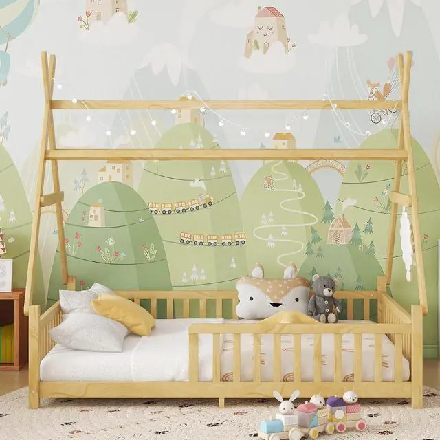 Alt view image 3 of 7 - Hassyee Twin/Full Size House Floor Bed with Roof Design and LED Light, Montessori Bed with Fence Guardrail and Slats Support for Boys Girls Bedroom Guest Playroom, No Box Spring Needed (Natural Full)