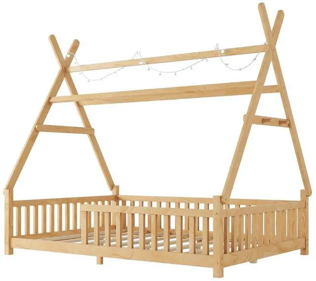Alt view image 7 of 7 - Hassyee Twin/Full Size House Floor Bed with Roof Design and LED Light, Montessori Bed with Fence Guardrail and Slats Support for Boys Girls Bedroom Guest Playroom, No Box Spring Needed (Natural Full)