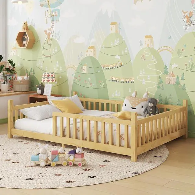 Alt view image 5 of 7 - Hassyee Twin/Full Size House Floor Bed with Roof Design and LED Light, Montessori Bed with Fence Guardrail and Slats Support for Boys Girls Bedroom Guest Playroom, No Box Spring Needed (Natural Full)
