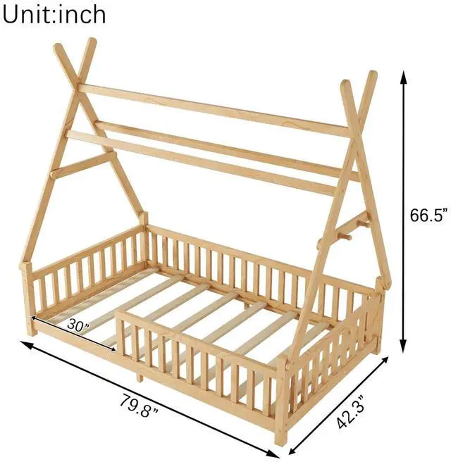 Alt view image 2 of 7 - Hassyee Twin/Full Size House Floor Bed with Roof Design and LED Light, Montessori Bed with Fence Guardrail and Slats Support for Boys Girls Bedroom Guest Playroom, No Box Spring Needed (Natural Twin)