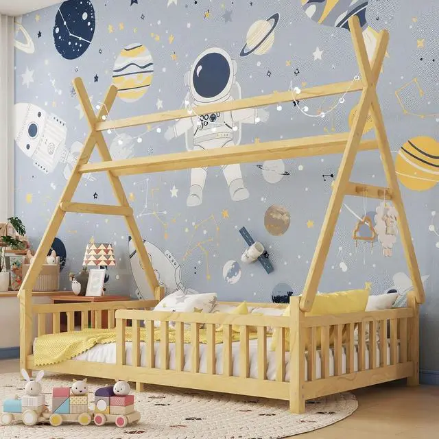 Main image of Hassyee Twin/Full Size House Floor Bed with Roof Design and LED Light, Montessori Bed with Fence Guardrail and Slats Support for Boys Girls Bedroom Guest Playroom, No Box Spring Needed (Natural Twin)