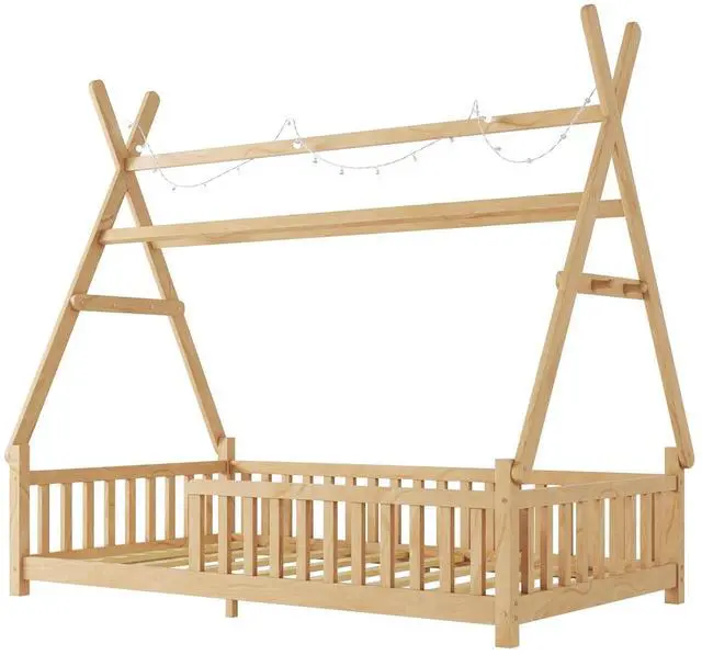 Alt view image 5 of 7 - Hassyee Twin/Full Size House Floor Bed with Roof Design and LED Light, Montessori Bed with Fence Guardrail and Slats Support for Boys Girls Bedroom Guest Playroom, No Box Spring Needed (Natural Twin)