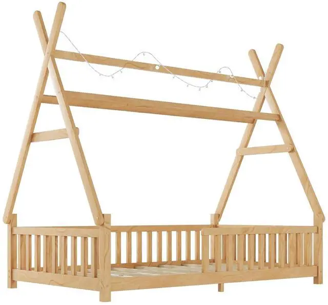 Alt view image 6 of 7 - Hassyee Twin/Full Size House Floor Bed with Roof Design and LED Light, Montessori Bed with Fence Guardrail and Slats Support for Boys Girls Bedroom Guest Playroom, No Box Spring Needed (Natural Twin)