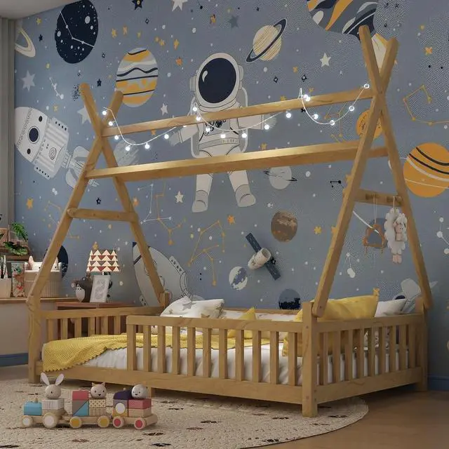 Alt view image 4 of 7 - Hassyee Twin/Full Size House Floor Bed with Roof Design and LED Light, Montessori Bed with Fence Guardrail and Slats Support for Boys Girls Bedroom Guest Playroom, No Box Spring Needed (Natural Twin)
