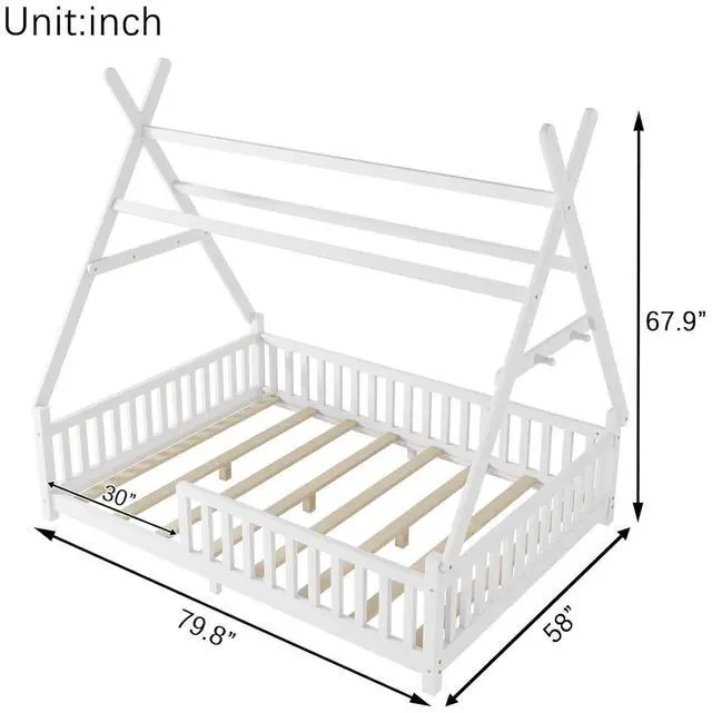 Alt view image 2 of 7 - Classic Tent Bed Floor Beds Rustic Wood Canopy Bed Frame w/Roof&LED Light for Boy Girl,Funny Montessori Bed Daybed w/Fence Railings&Wooden Slats Support for Bedroom,No Box Spring Needed (White Full)
